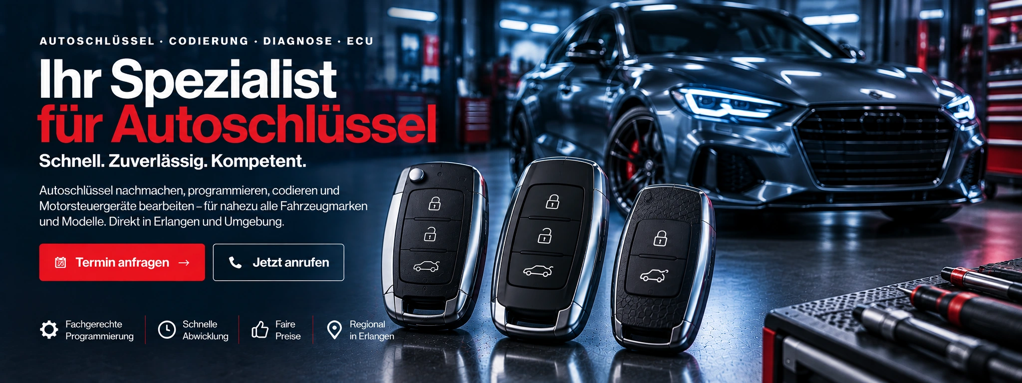 Moderne Autoschlüssel und Fahrzeug in hochwertiger Werkstattumgebung